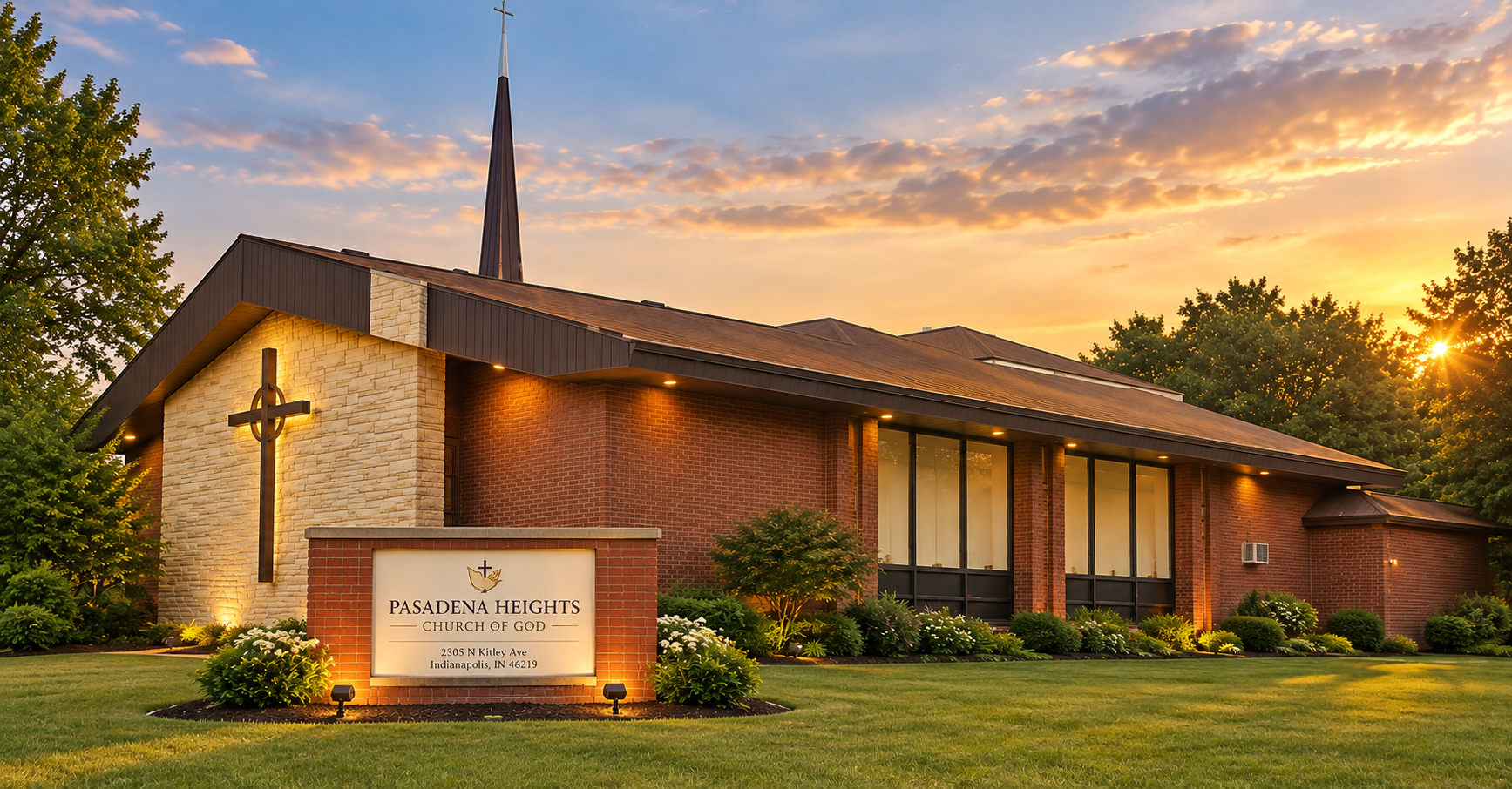 Architectural concept of Pasadena Heights Church of God exterior with landscaping and sunset lighting